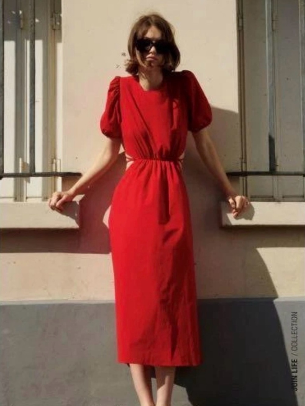 Zara red poplin open-back puff sleeve midi dress